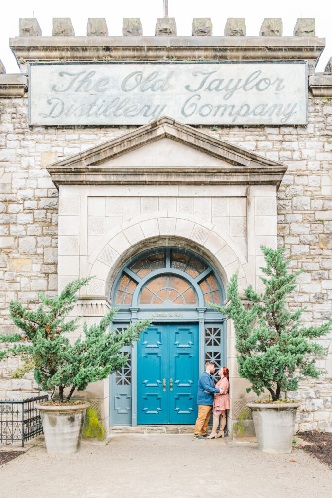 castle and key engagement session in the rain